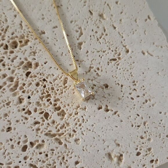 Baguette Rhinestone Charm Necklace Gold Filled on Box Chain - Picture 3 of 10